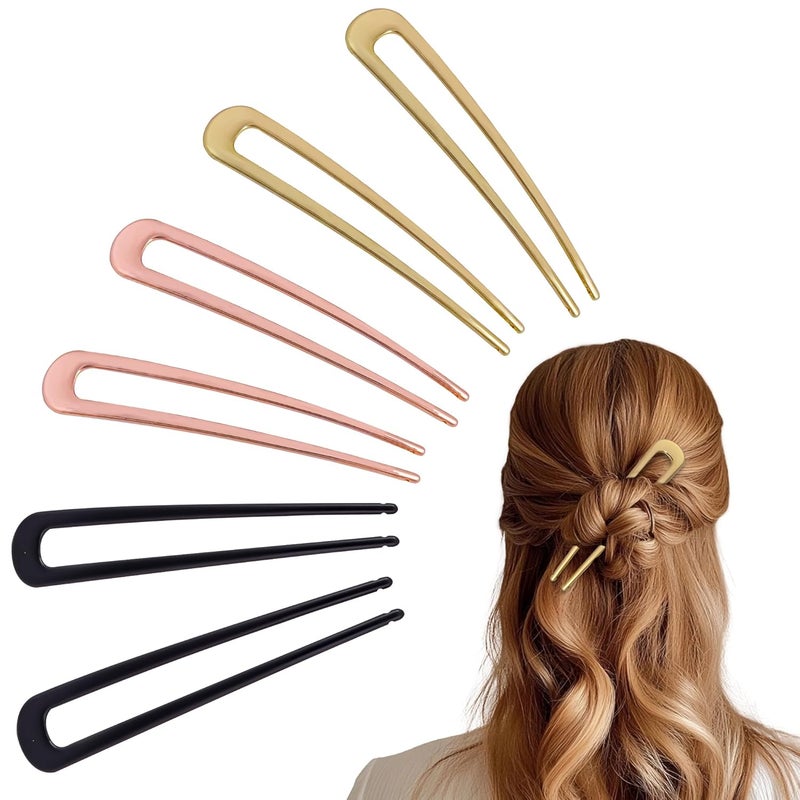 hisial 6Pcs Metal French Hair Pins for Women U Shape Sticks 3.9 Inch Vintage Fork for Hairstyle Accessories(Black/Gold/Rosegold) - Image 1